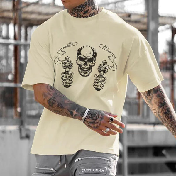 Skull With Double Gun Print Men's Short Sleeve T-Shirt