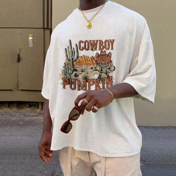 Pumpkin Cowboy Print Men's Short Sleeve T-Shirt