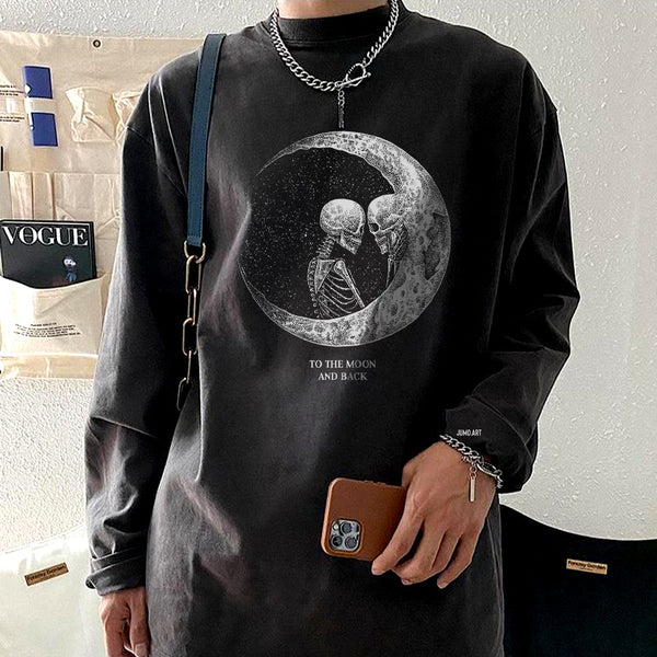 Skull Moon Print Casual Long Sleeve Men's T-Shirt