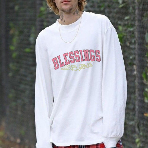 Blessings Letter Print Cotton Long Sleeve T-Shirts